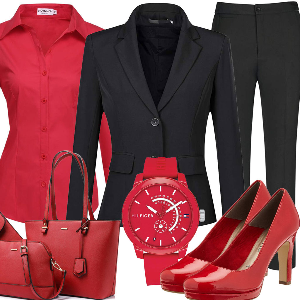 Rot-Schwarzes Damenoutfit mit Anzug, Pumps und Uhr
