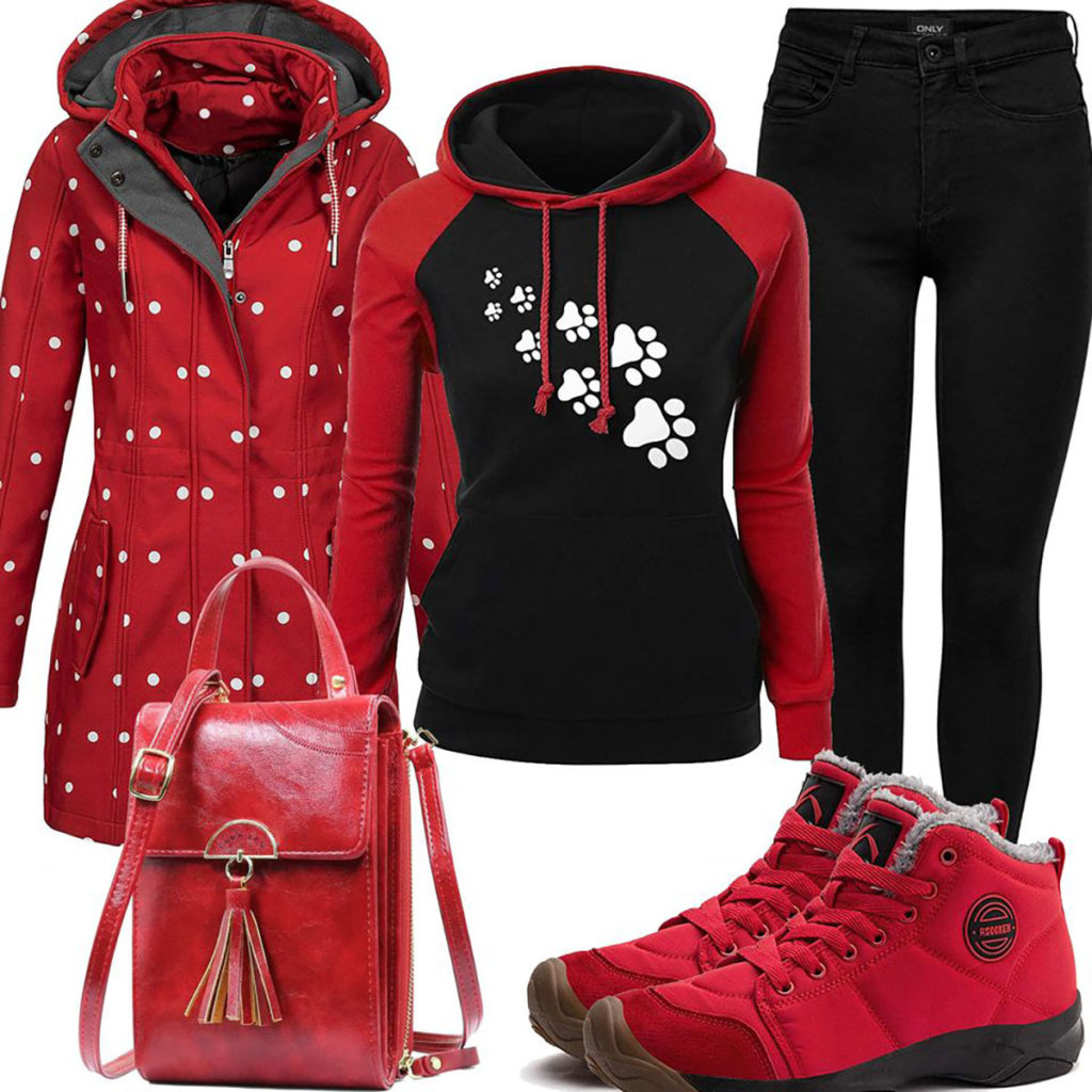 Schwarz-Rotes Damenoutfit mit Jacke, Hoodie und Jeans