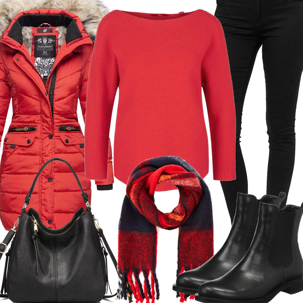 Schwarz-Rotes Damenoutfit mit Mantel, Pullover und Schal