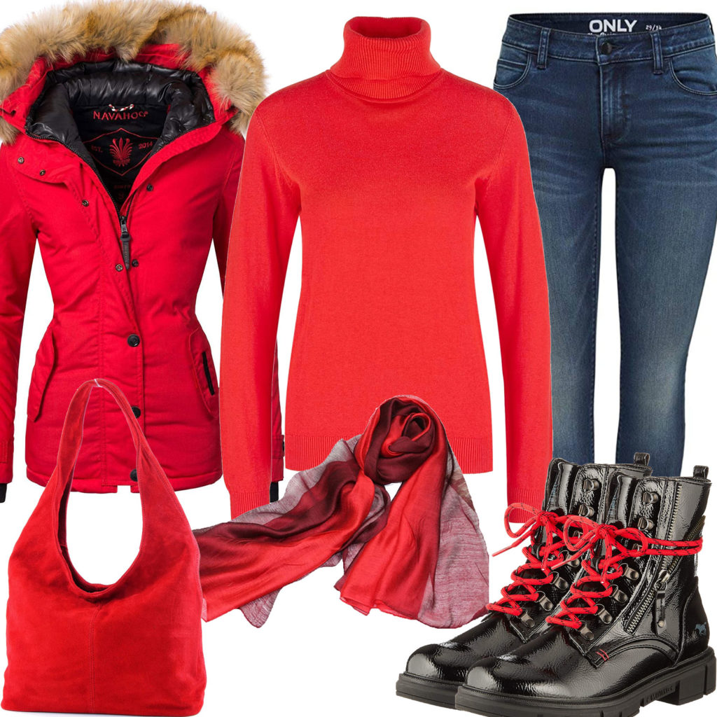 Schwarz-Rotes Herbst-Frauenoutfit mit Stiefeln