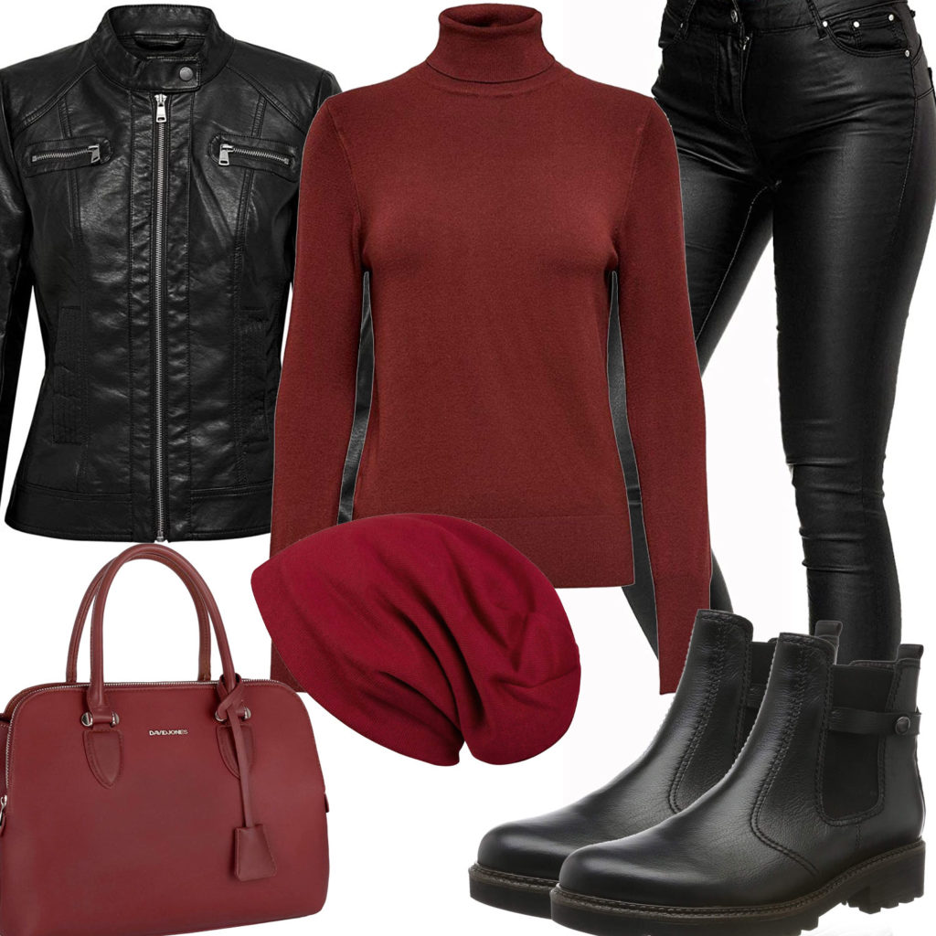 Schwarz-Rotes Damenoutfit mit Lederjacke und Hose