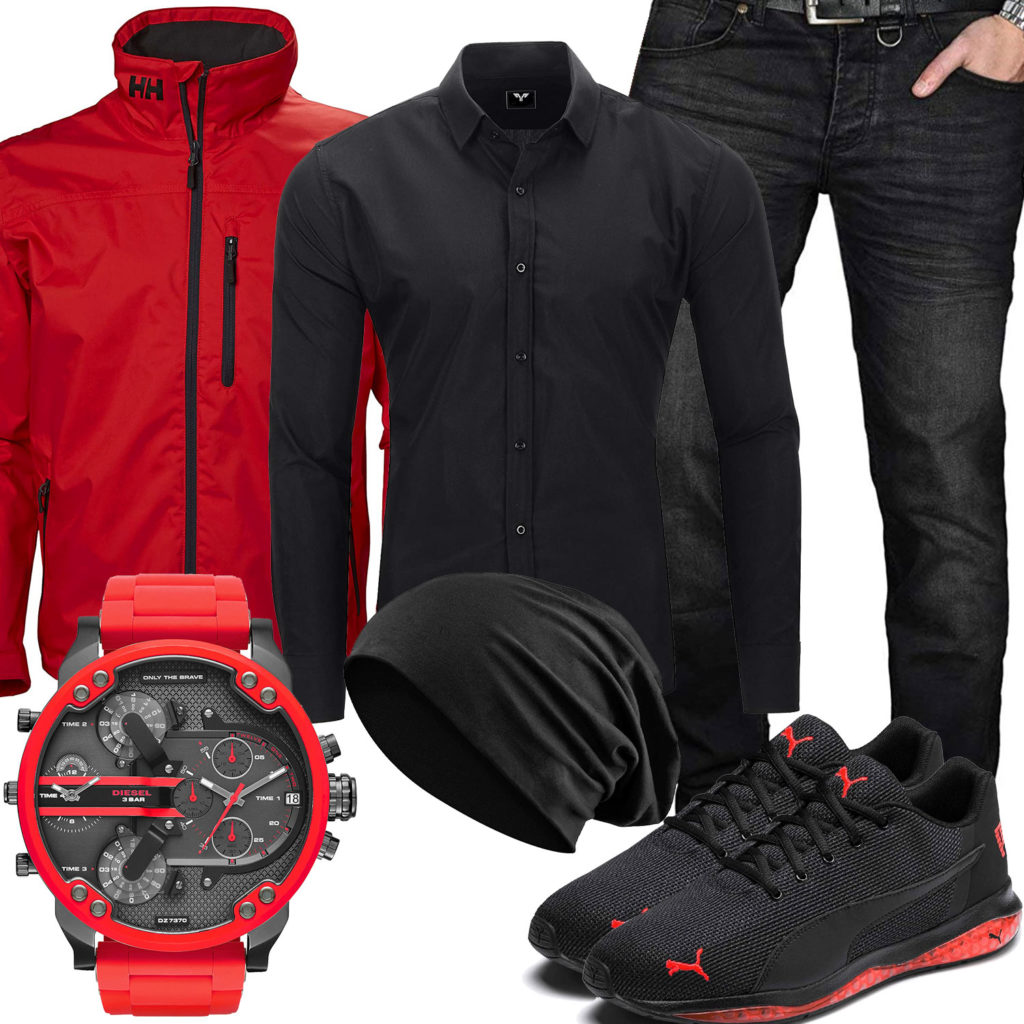Schwarz-Rotes Herrenoutfit mit Hemd, Jacke und Uhr