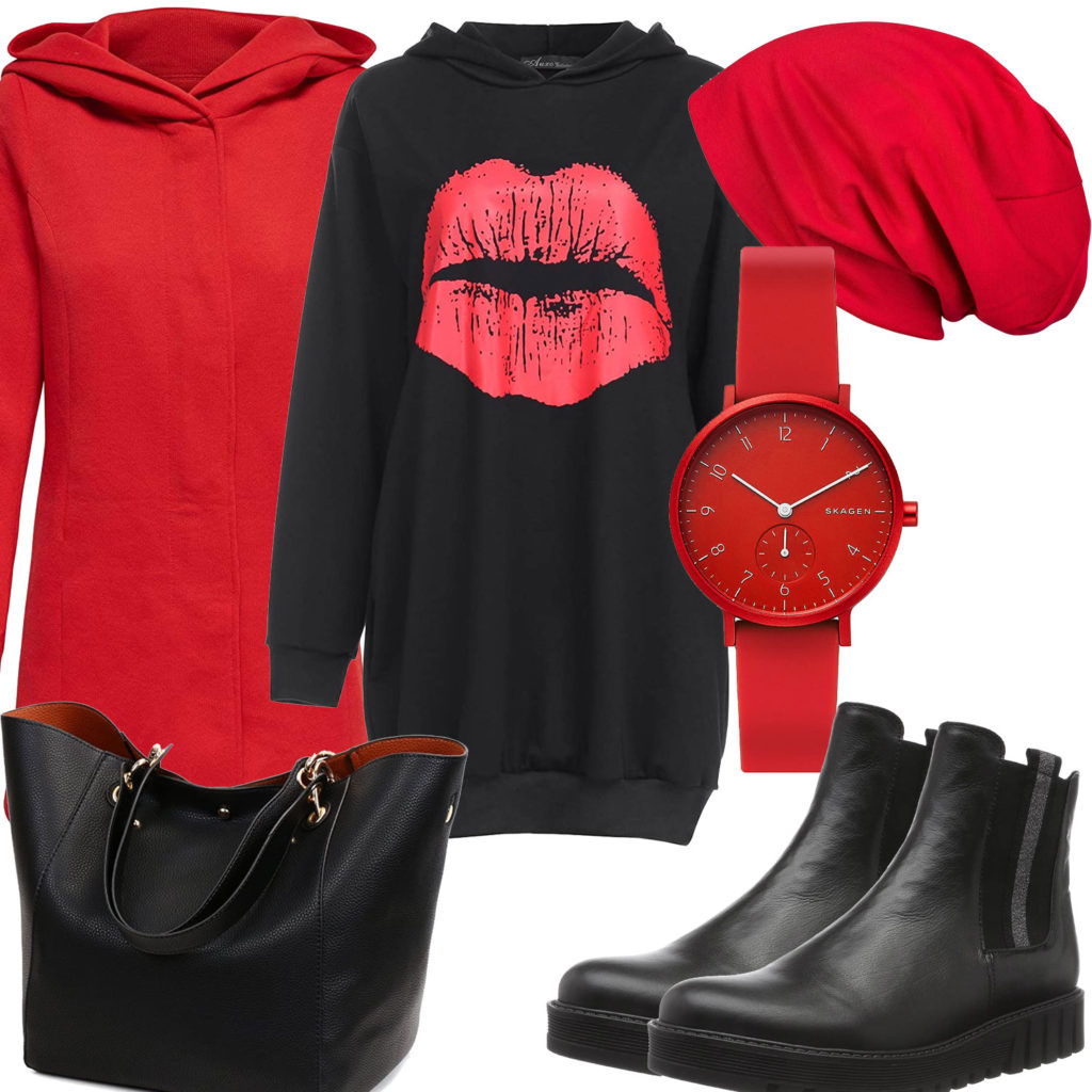 Schwarz-Rotes Damenoutfit mit Mantel, Kleid und Mütze