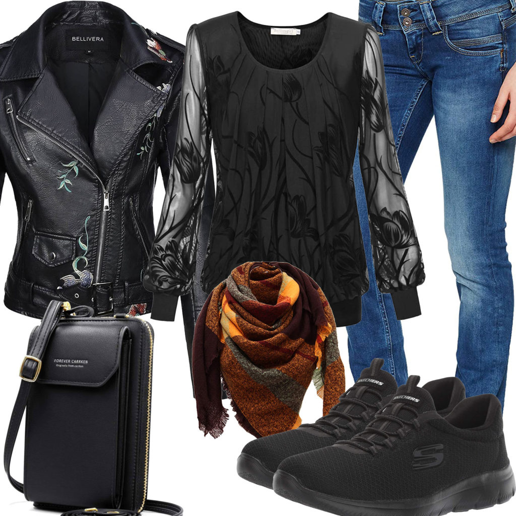 Schwarzes Frauenoutfit mit Lederjacke, Schal und Tasche