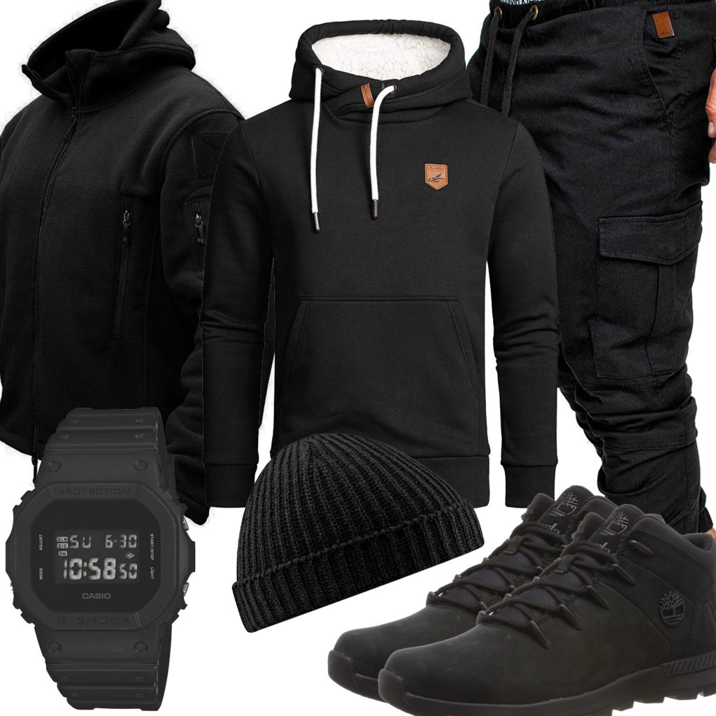 Schwarzer Männer-Style mit Hoodie, Jacke und Boots