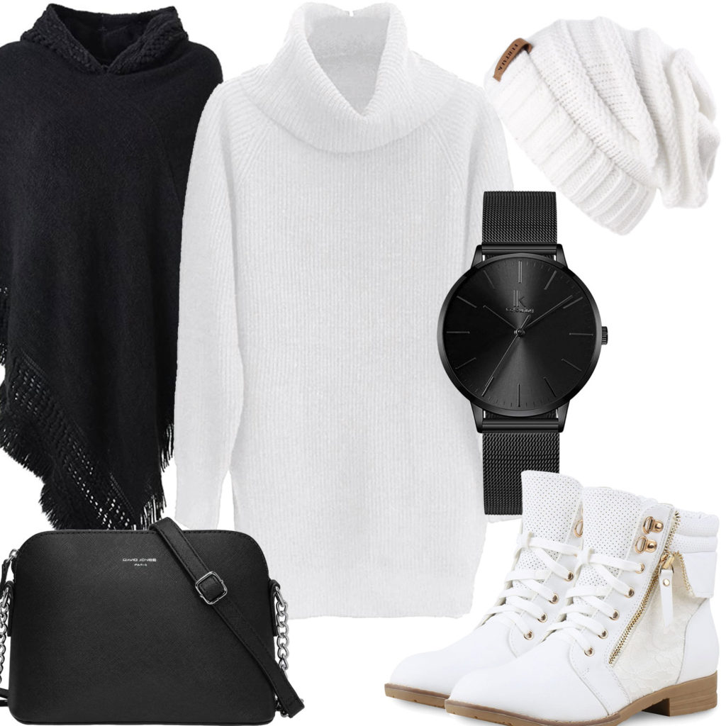 Schwarz-Weißes Damenoutfit mit Poncho und Strickkleid