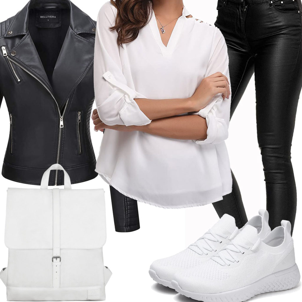 Schwarz-Weißes Damenoutfit mit Lederjacke und Bluse
