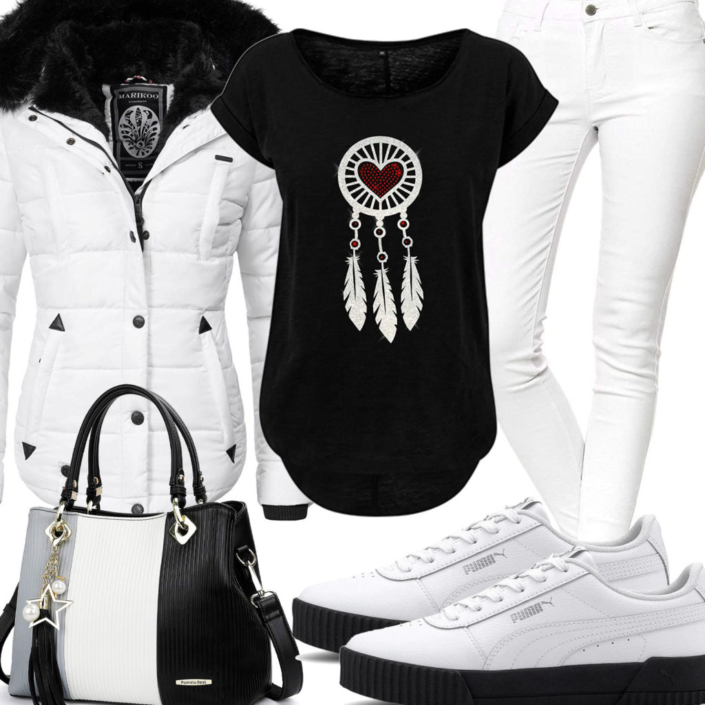 Schwarz-Weißes Frauenoutfit mit Jacke, Shirt und Pumas