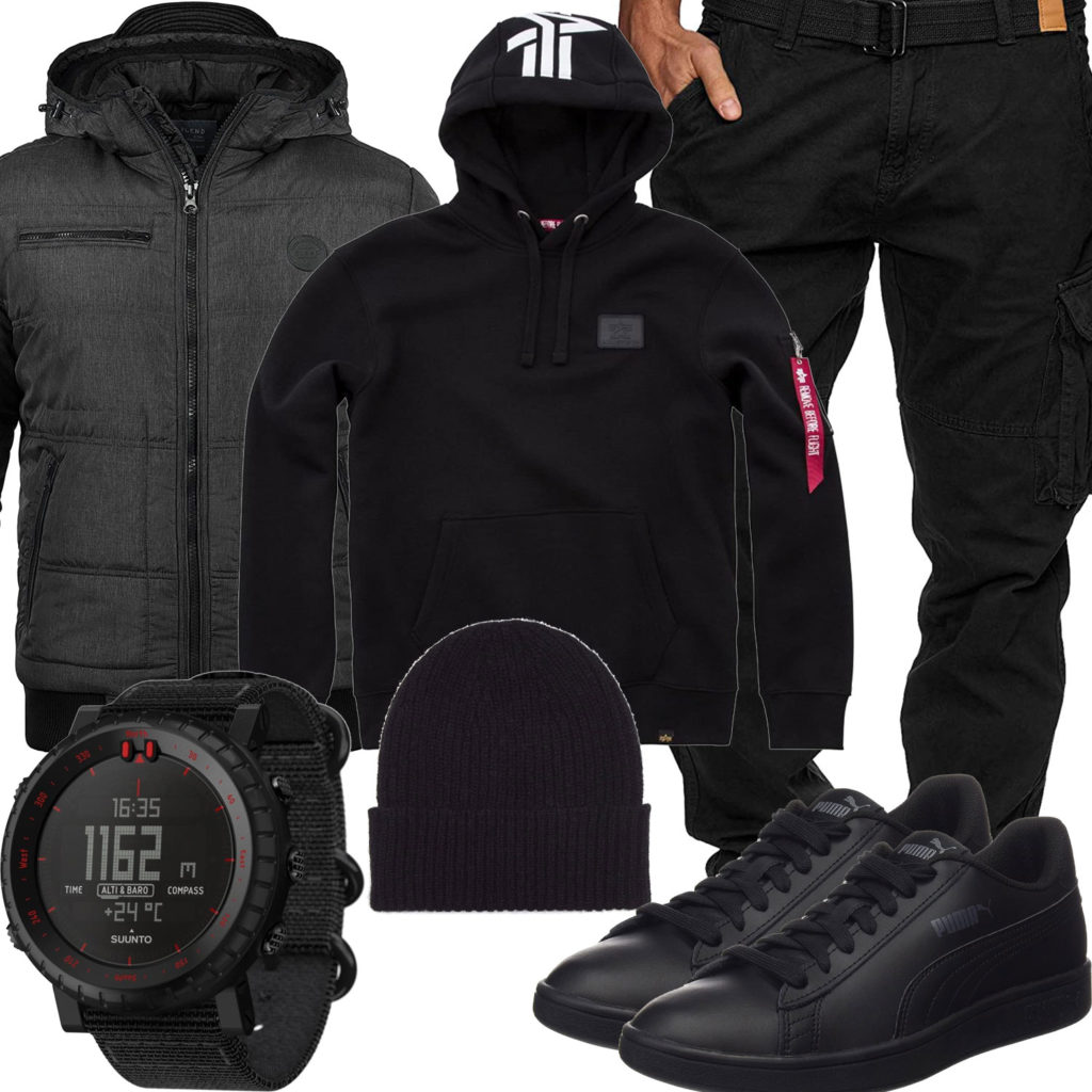 Schwarzes Herrenoutfit mit Hoodie, Steppjacke und Uhr