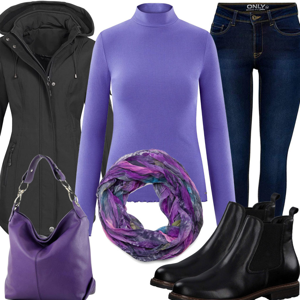 Schwarz-Lila Frauenoutfit mit Jacke, Pullover und Jeans