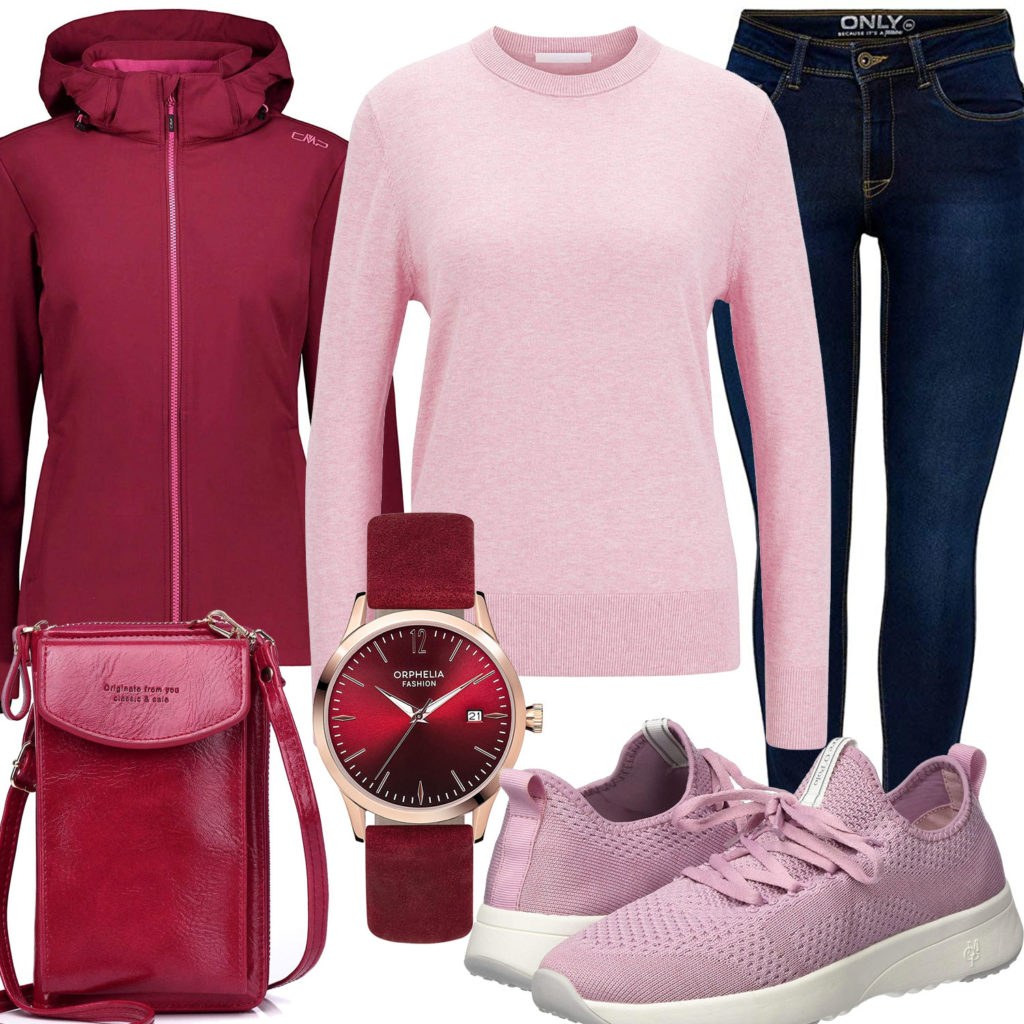 Rosa-Rotes Damenoutfit mit Jacke, Pullover und Uhr