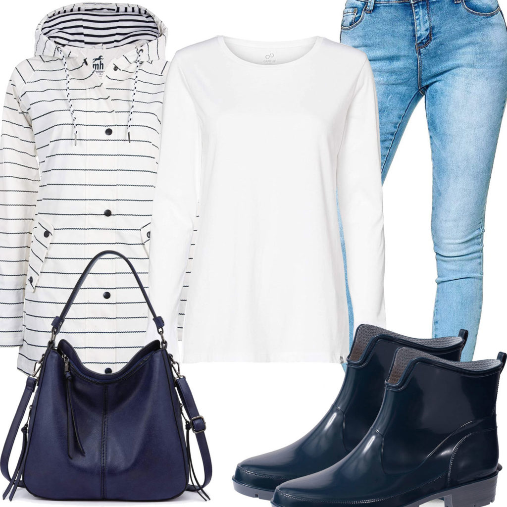 Blau-Weißes Damenoutfit mit Regenjacke und Jeans