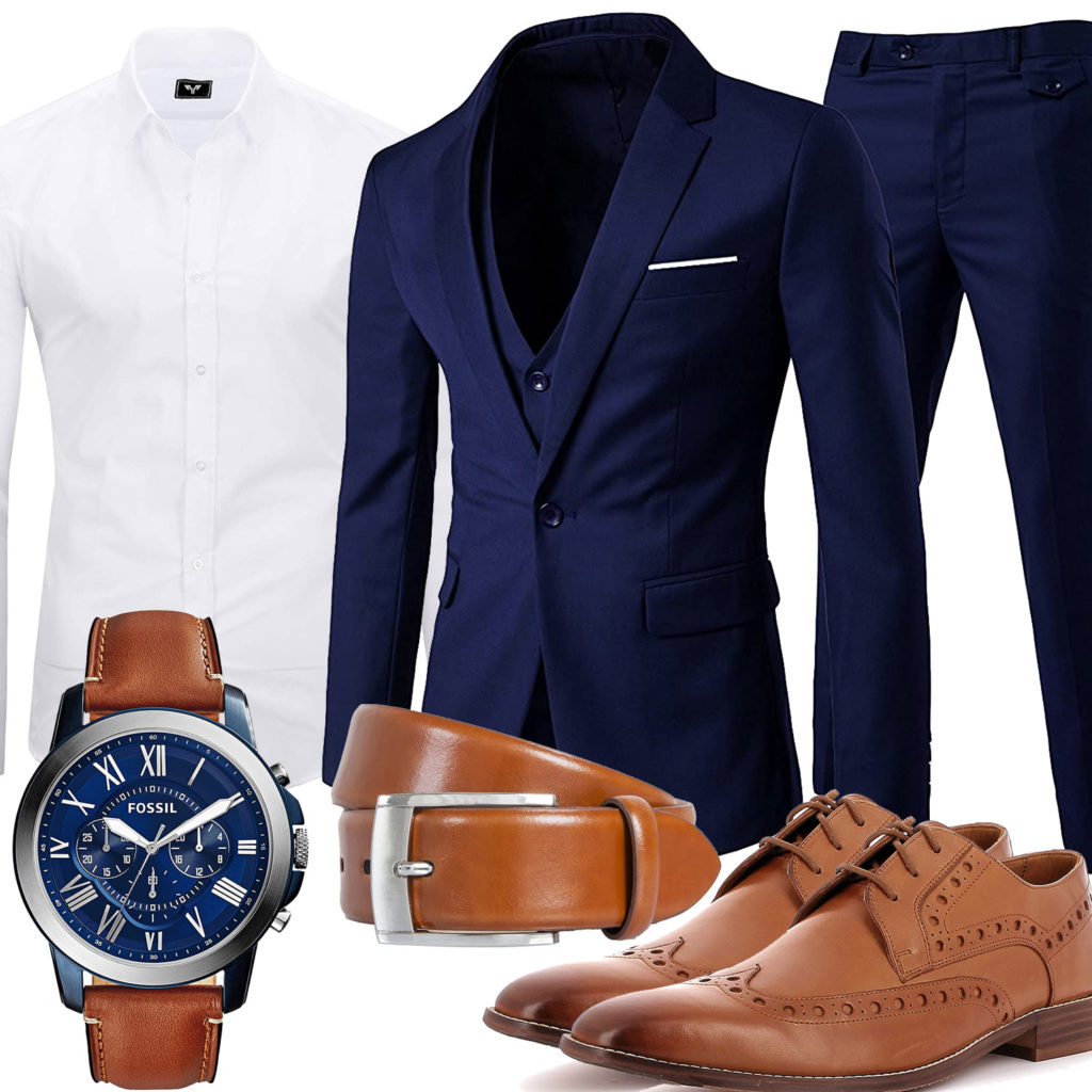 Herrenoutfit mit dunkelblauem Anzug, Hemd und Armbanduhr