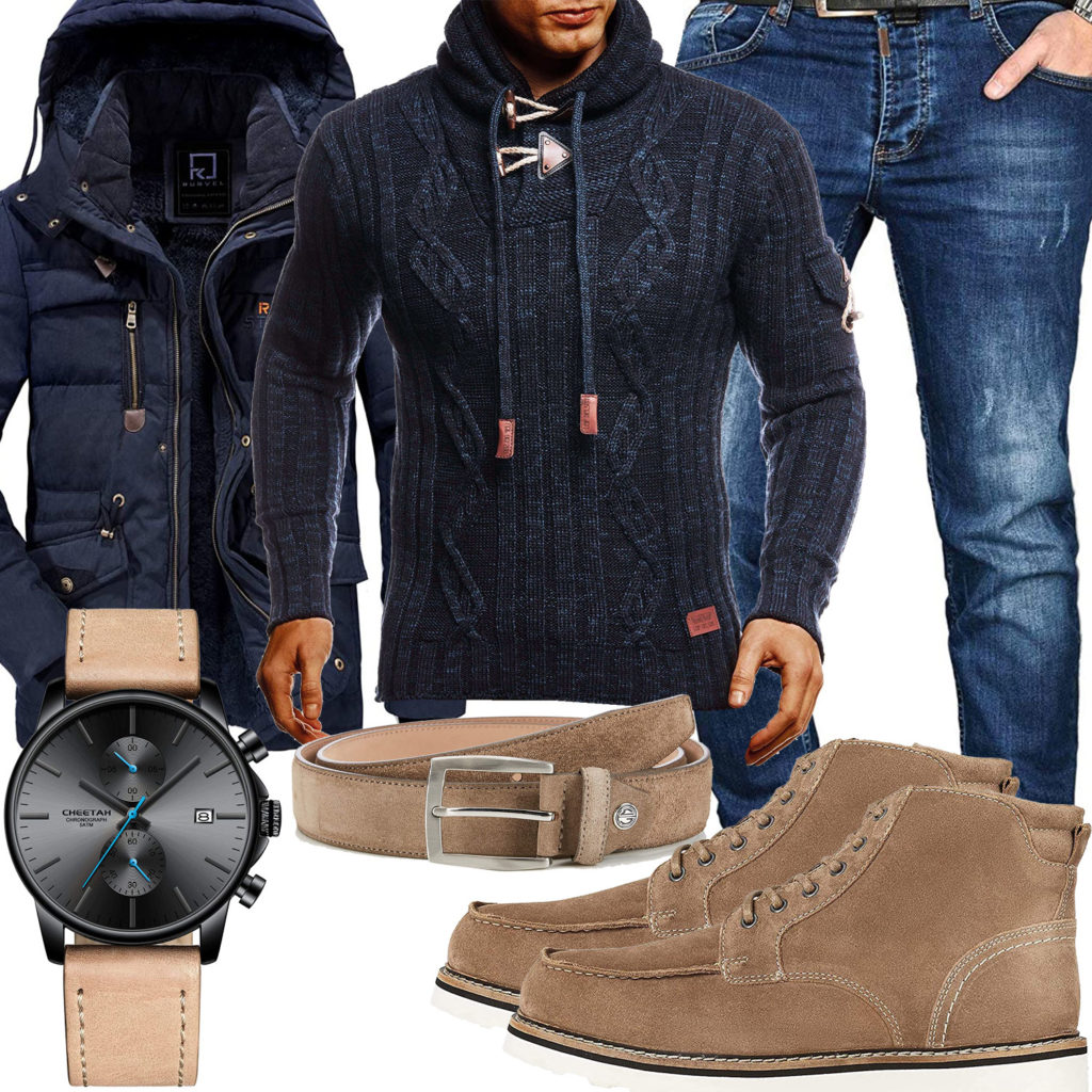 Beige-Blaues Herrenoutfit mit Jacke, Pullover und Jeans