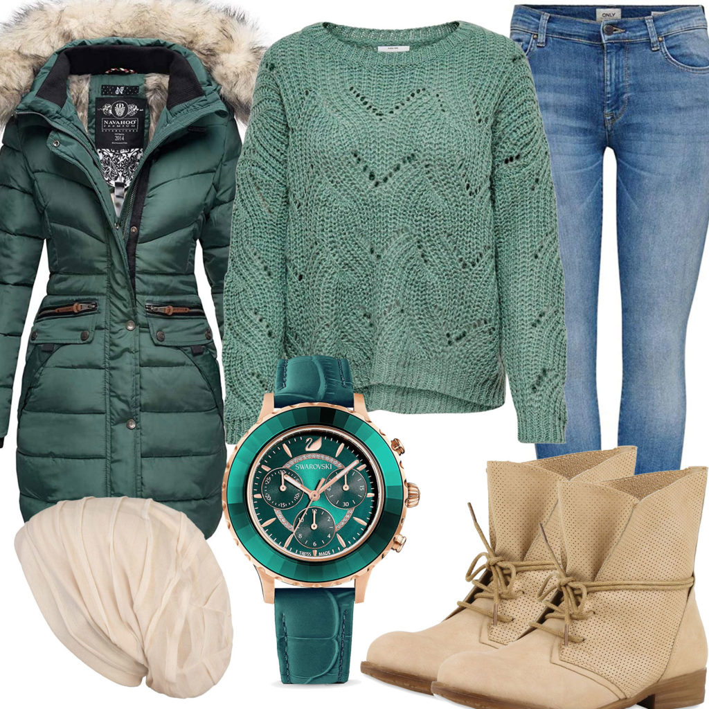 Grün-Beiges Damenoutfit mit Mantel, Pullover und Uhr
