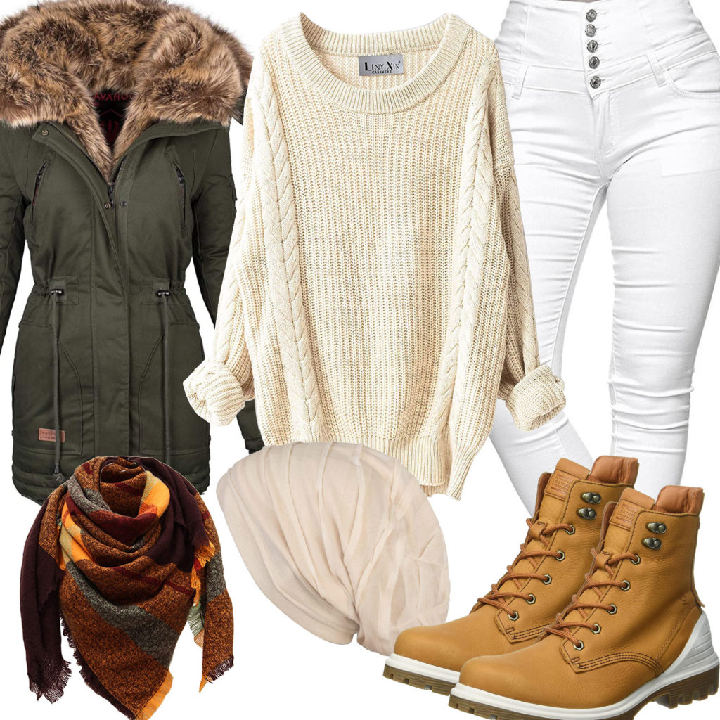 Herbst-Frauenoutfit mit langem Pullover und Winterjacke