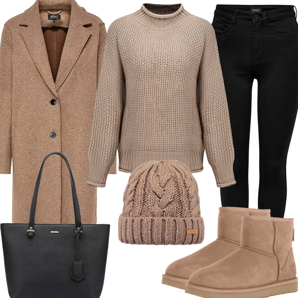 Beige-Schwarzes Frauenoutfit mit Pullover, Mantel und Stiefeln