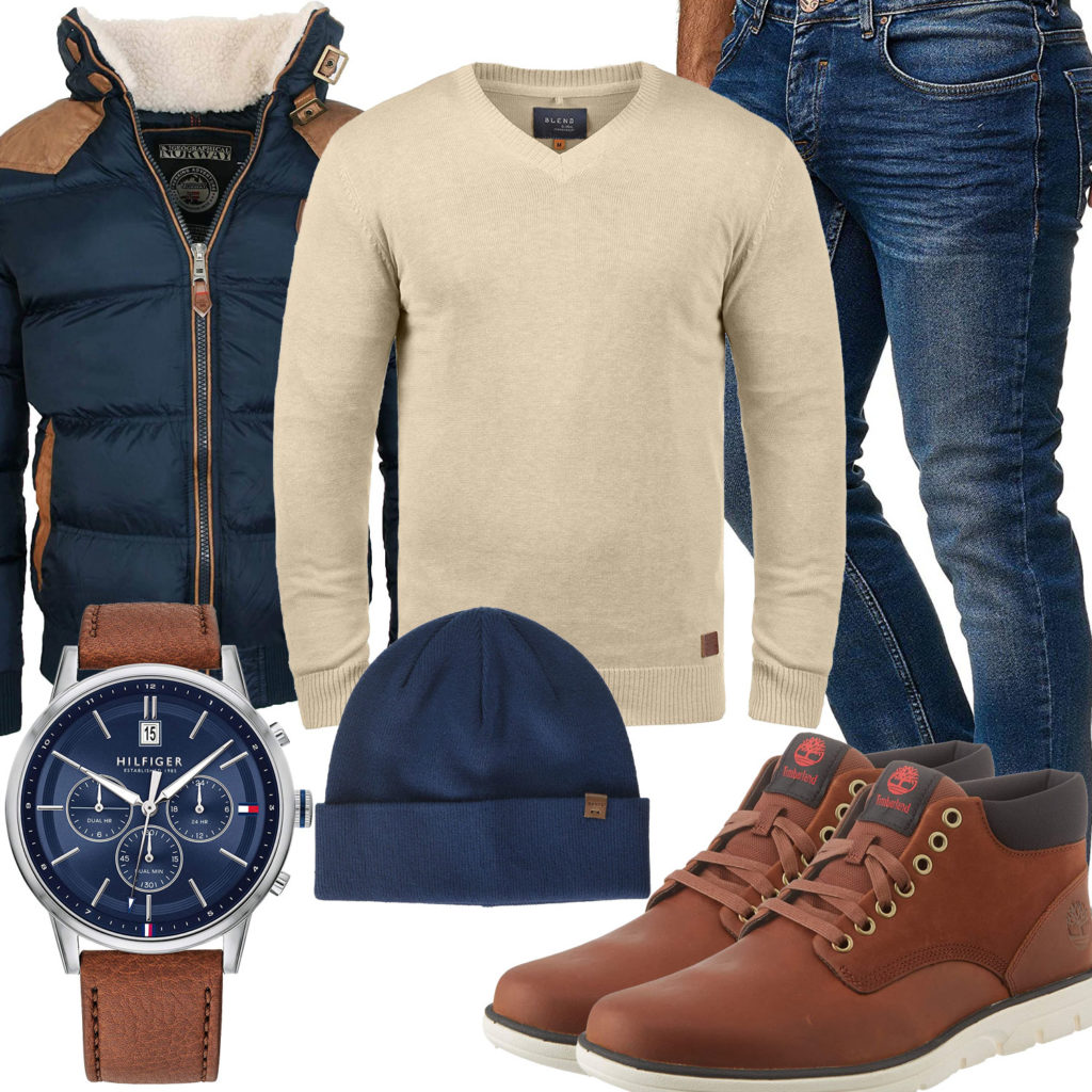 Herbst-Herrenoutfit mit blauer Jacke und Jeans