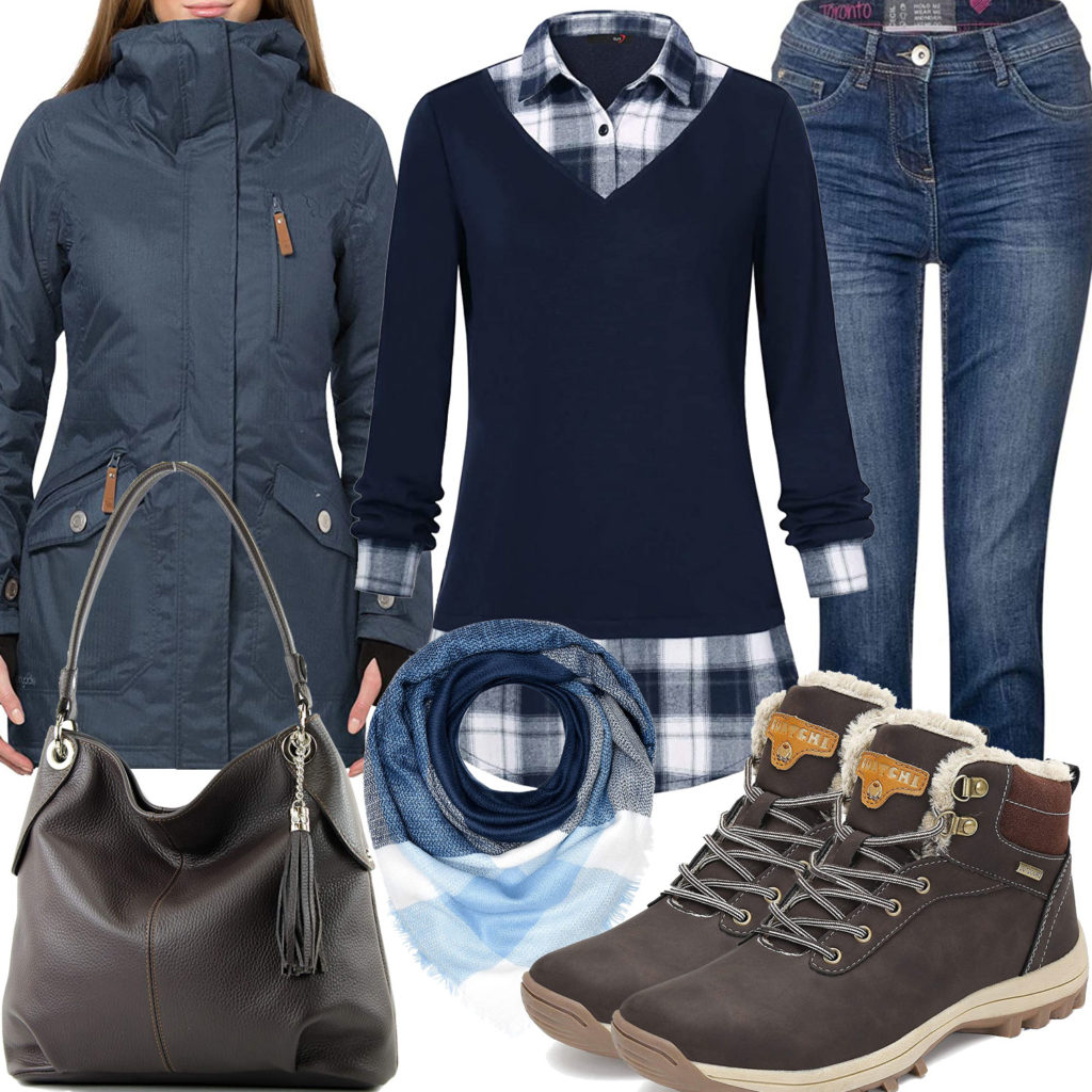 Blaues Winter-Frauenoutfit mit dunkelbrauner Tasche und Stiefeln
