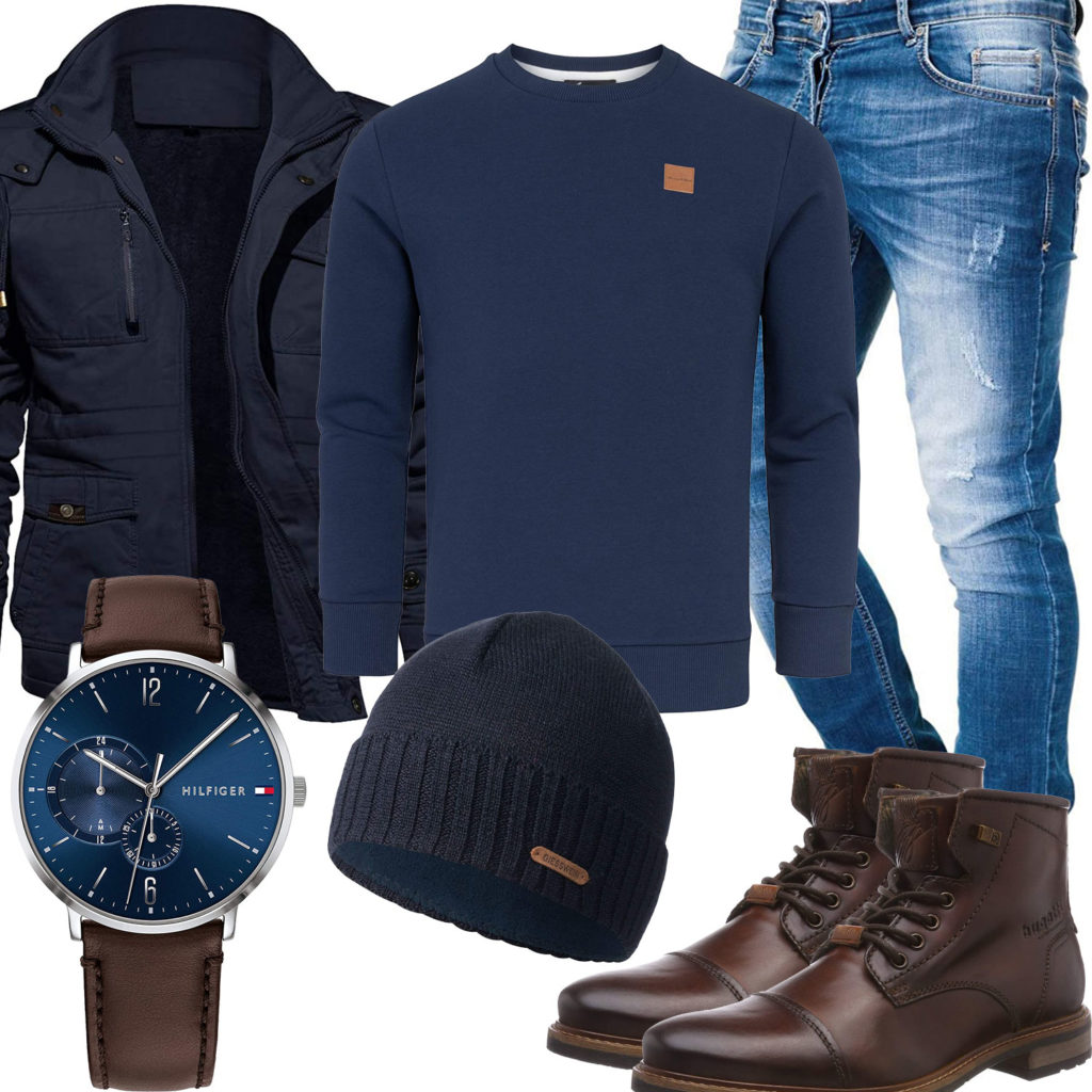 Blau-Braunes Herrenoutfit mit Pullover und Jacke
