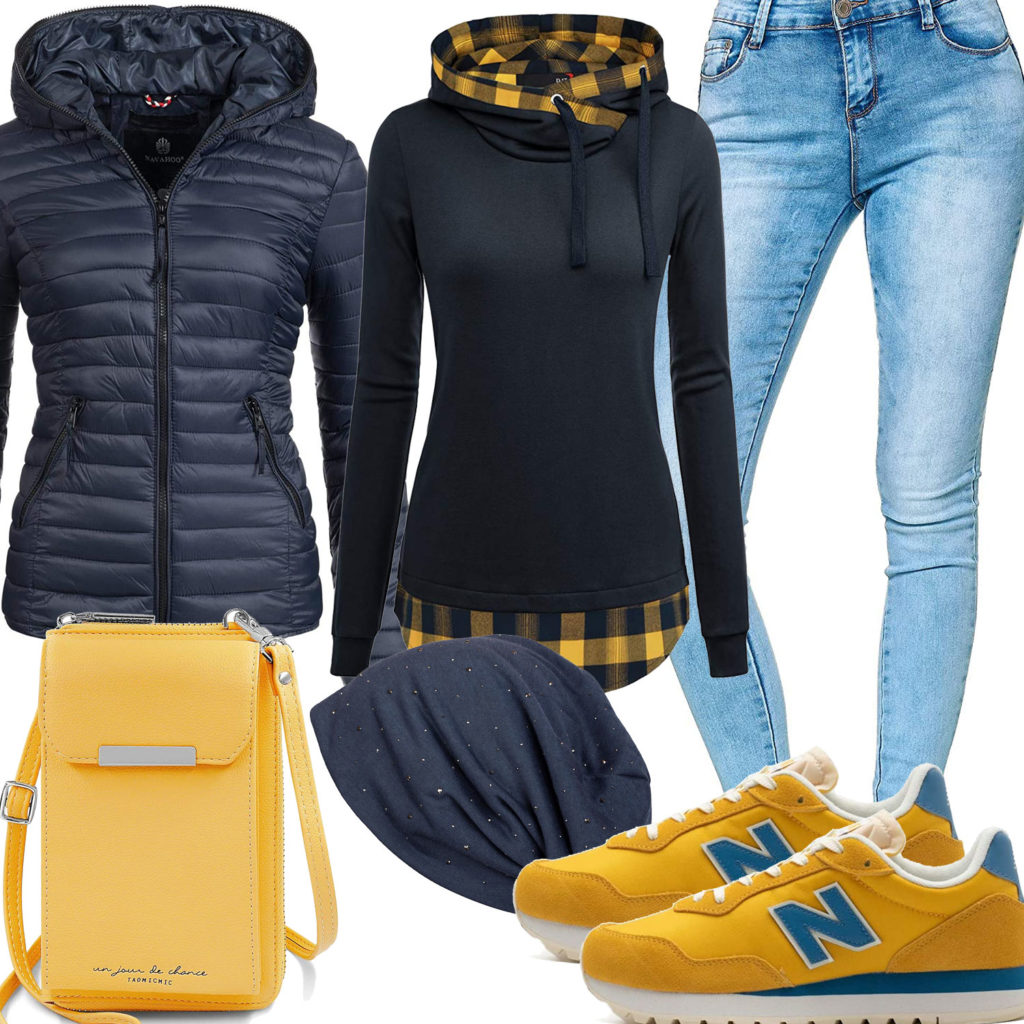 Blau-Gelbes Damenoutfit mit Hoodie und Steppjacke