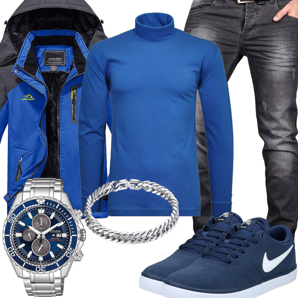 Blaues Herrenoutfit mit grauer Jeans, Uhr und Armband