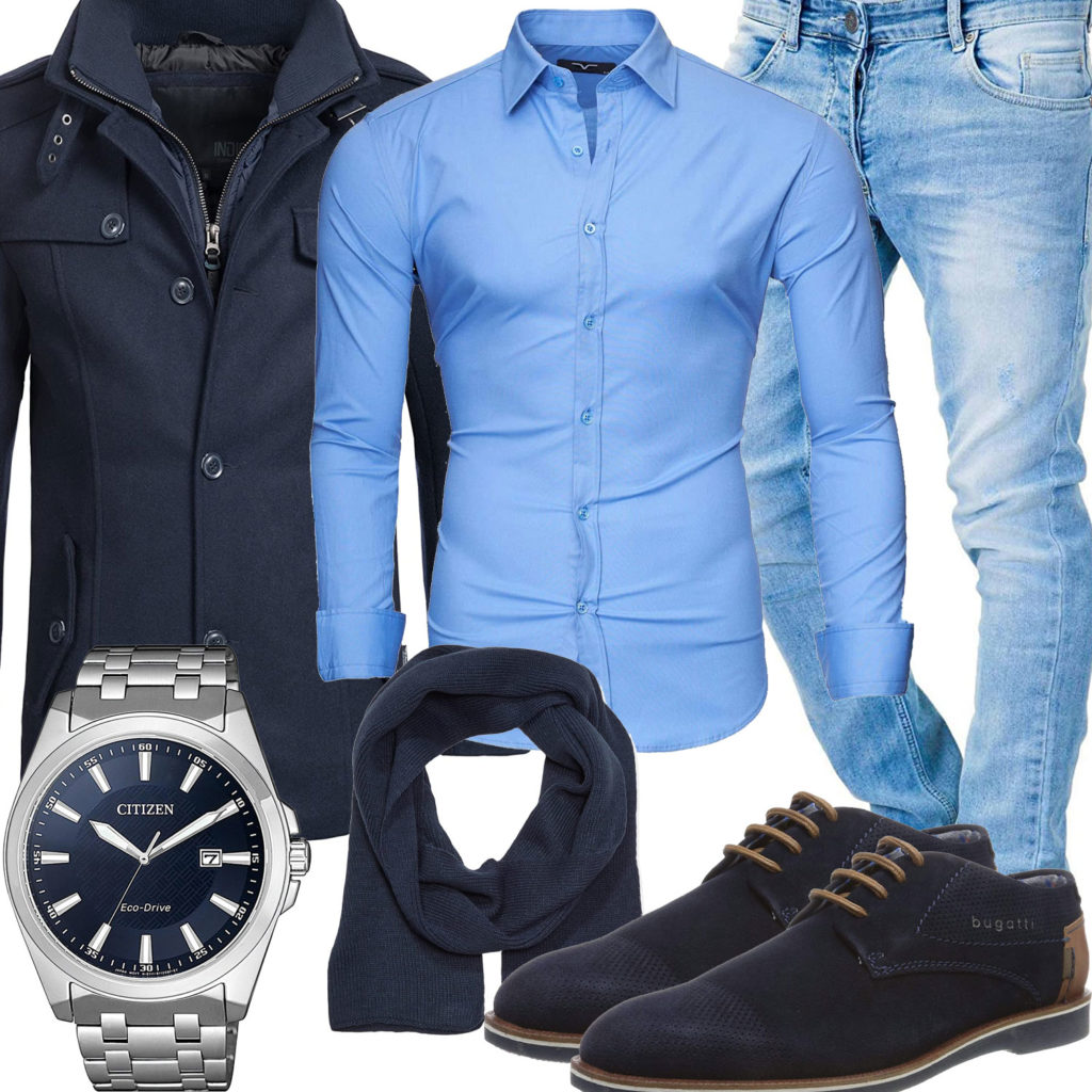 Blaues Herrenoutfit mit Hemd, Mantel und Jeans