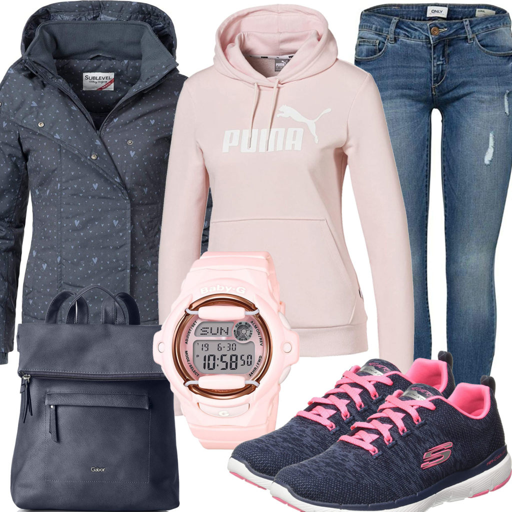 Blau-Rosa Damenoutfit mit Hoodie, Uhr und Sneaker