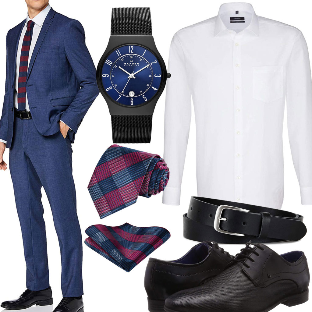 Business-Style mit blauem Anzug, Hemd und gestreifter Krawatte