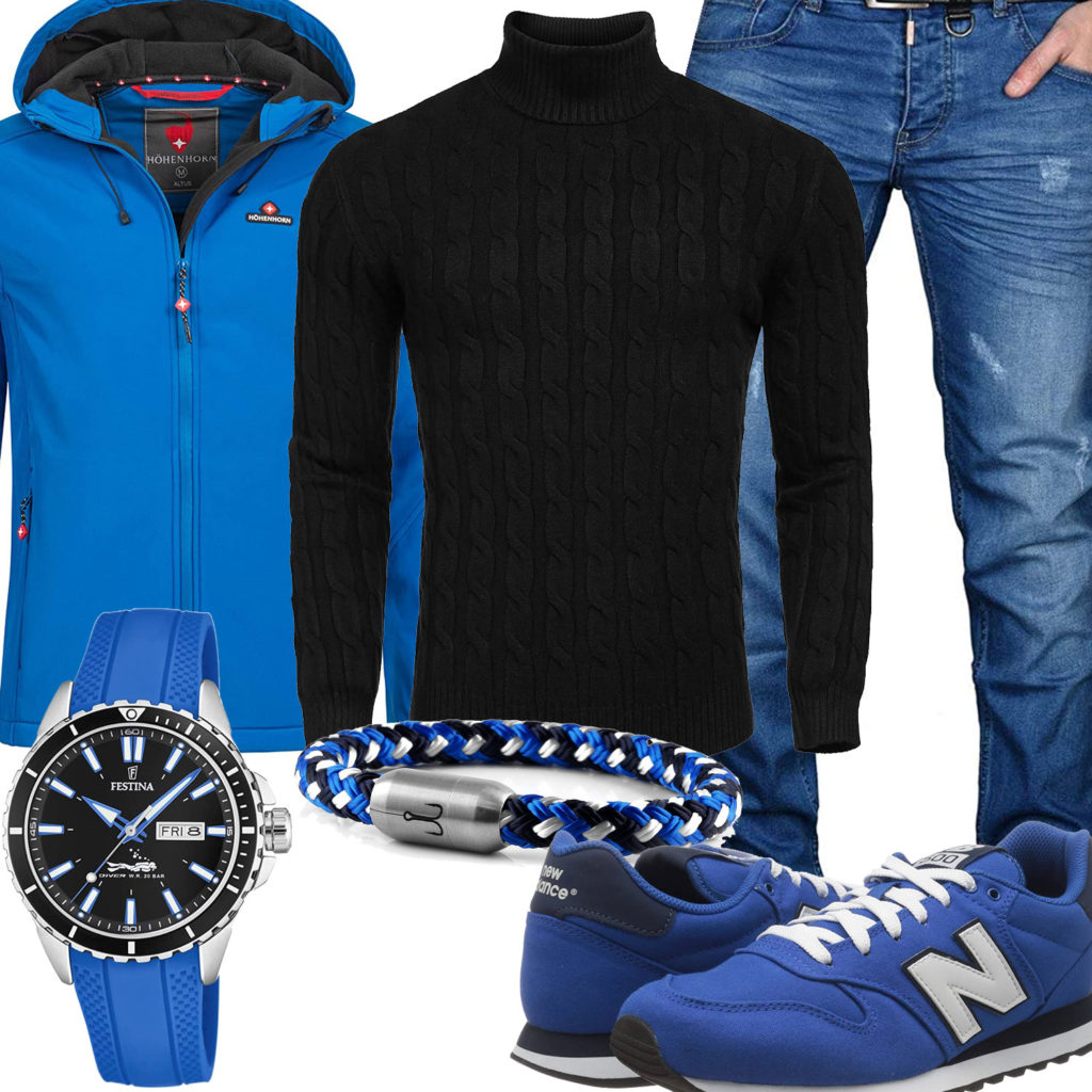 Blau-Schwarzes Herrenoutfit mit Softshelljacke und Jeans