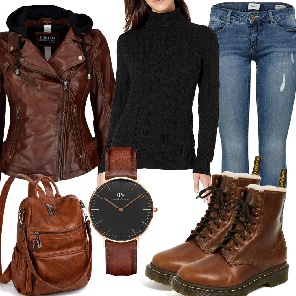 Frauenoutfit mit brauner Lederjacke, Stiefeln und Rucksack