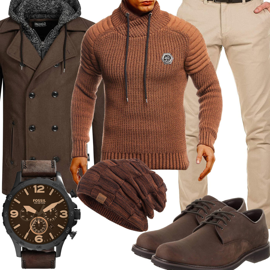 Braunes Herrenoutfit mit Mantel, Pullover und Schuhen