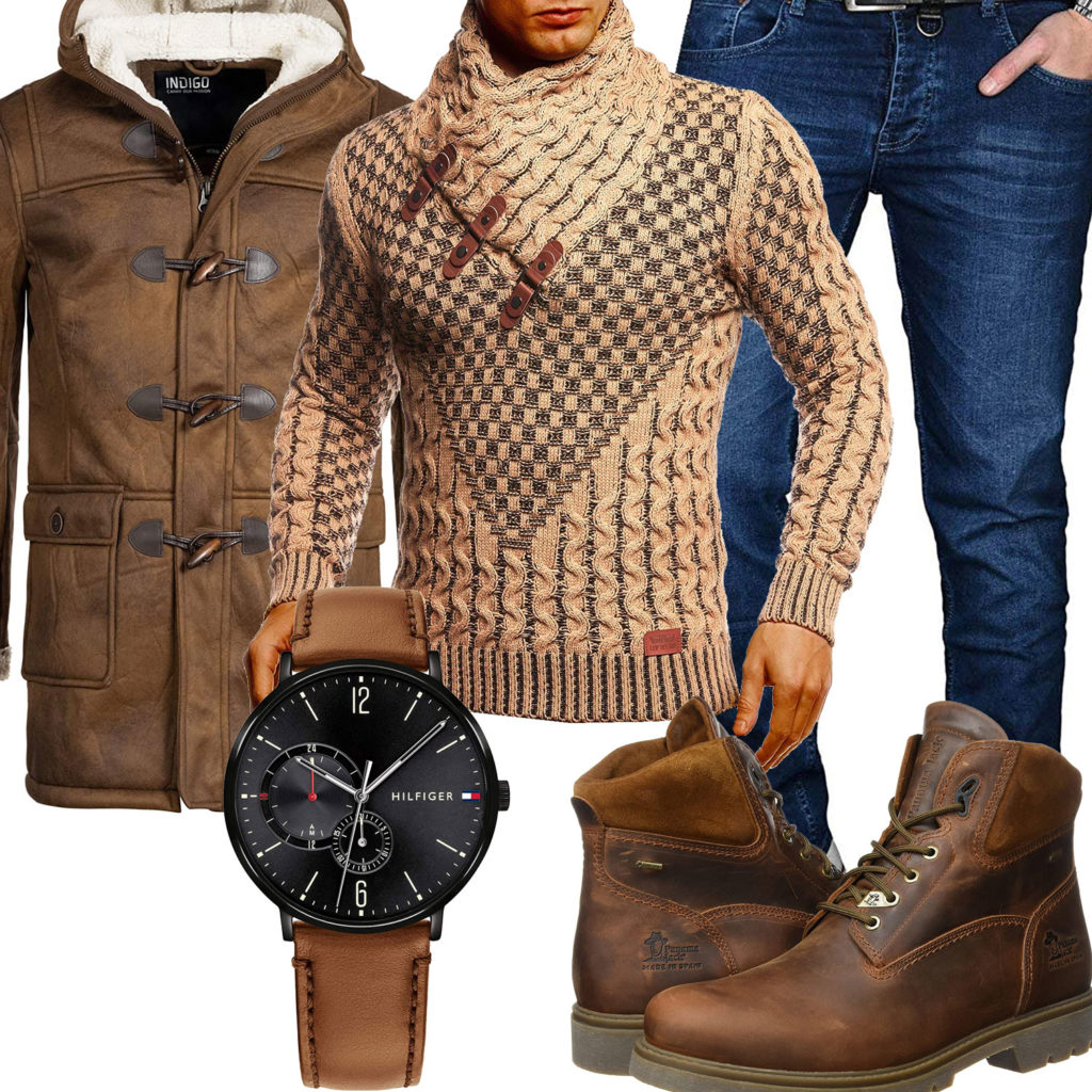 Warmes Winter-Herrenoutfit mit braunem Mantel, Stiefeln und Uhr