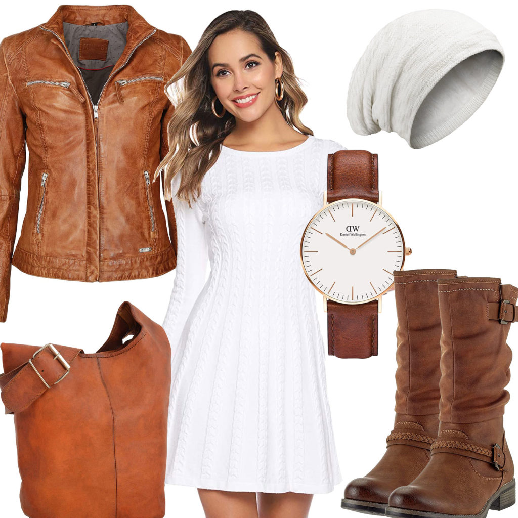 Braun-Weißes Frauenoutfit mit Lederjacke und Stiefeln