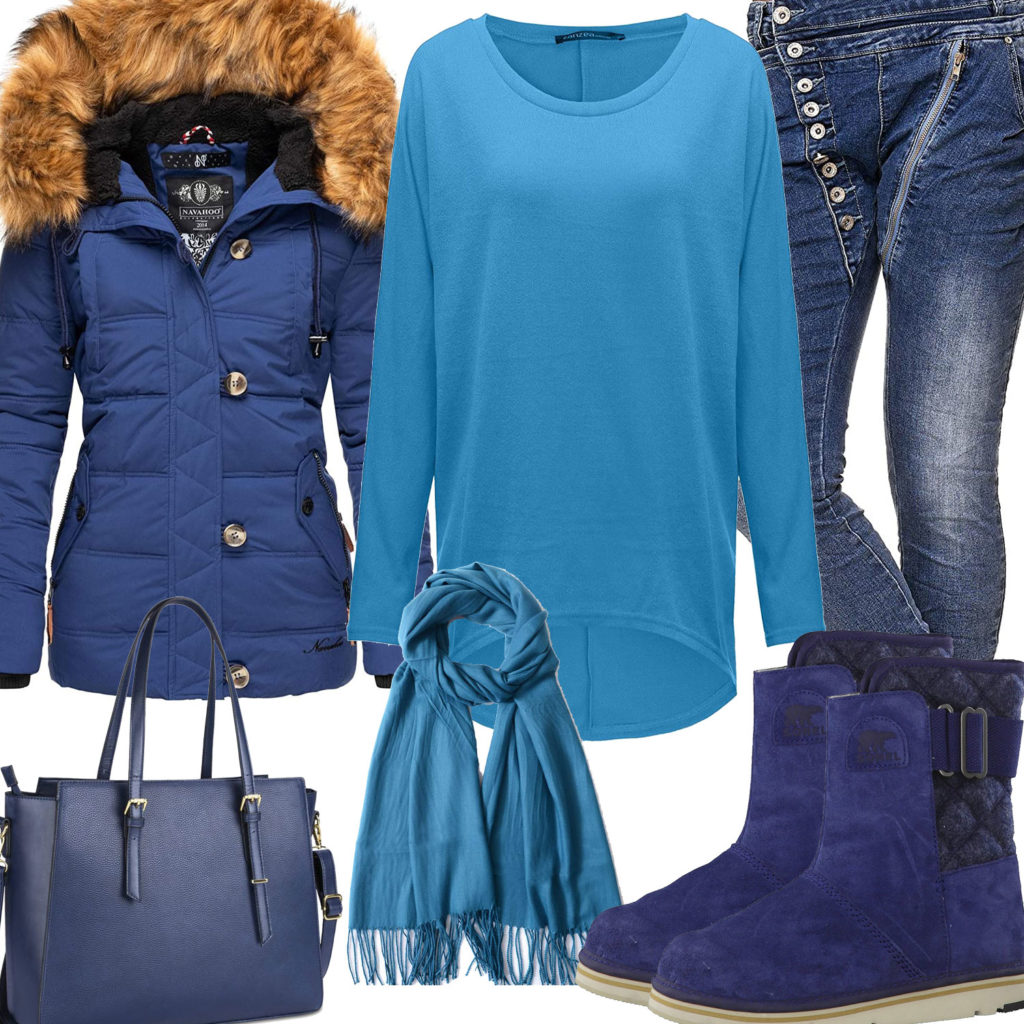 Blaues Frauenoutfit mit Winterjacke und Stiefeln