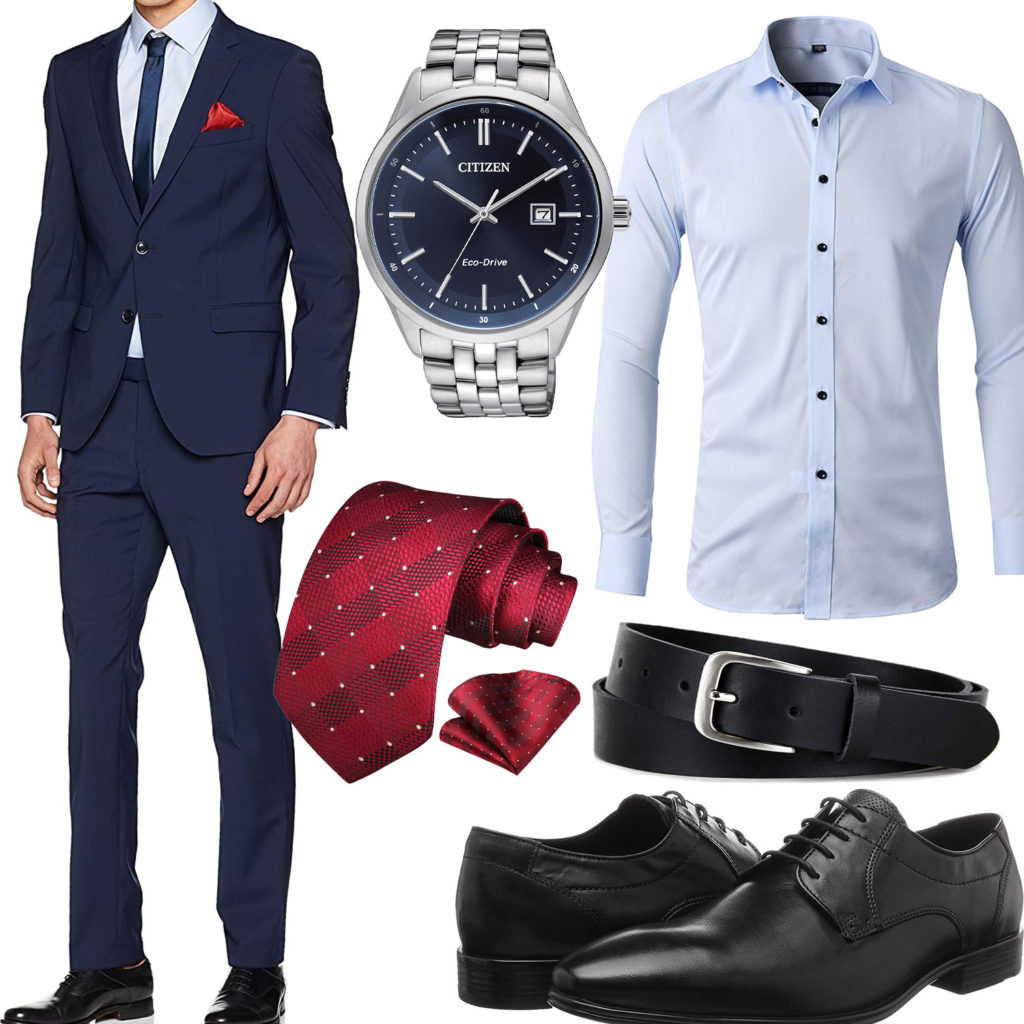 Business-Style mit dunkelblauem Anzug, Hemd und Krawatte