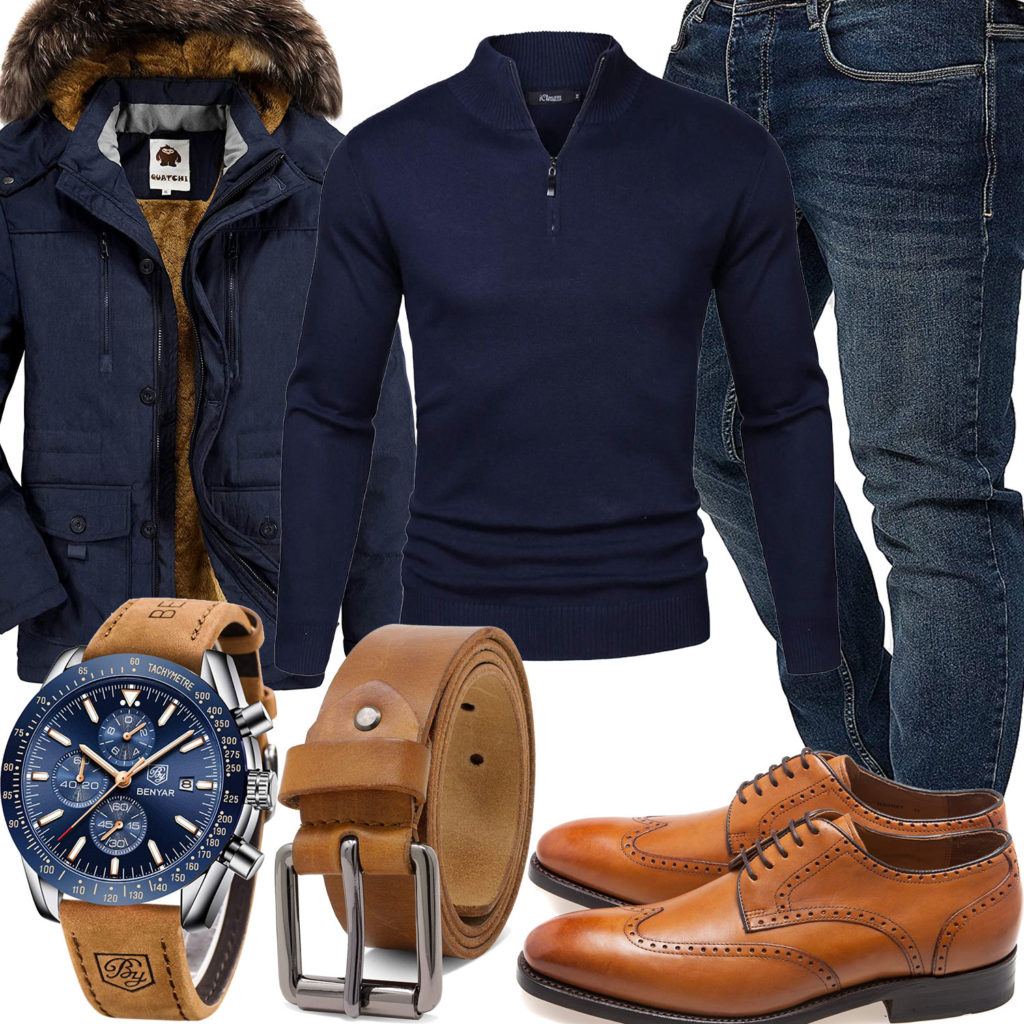 Blau-Braunes Herrenoutfit mit Jacke, Pullover und Jeans