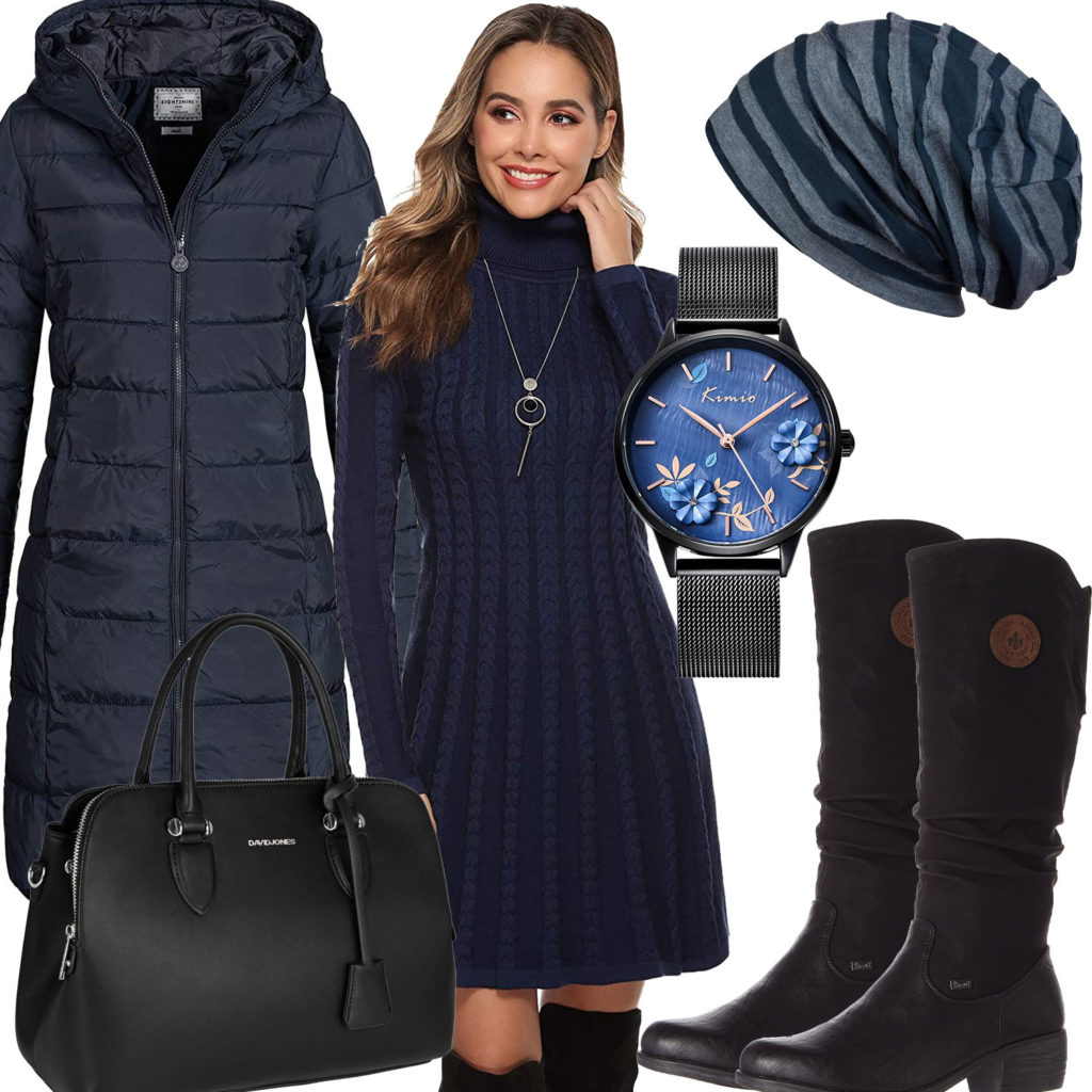 Blau-Schwarzes Frauenoutfit mit Kleid und Mantel