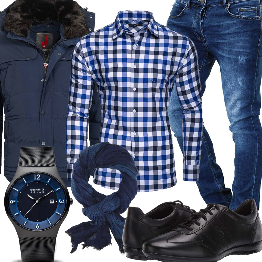 Blau-Schwarzes Herrenoutfit mit Hemd, Winterjacke und Jeans