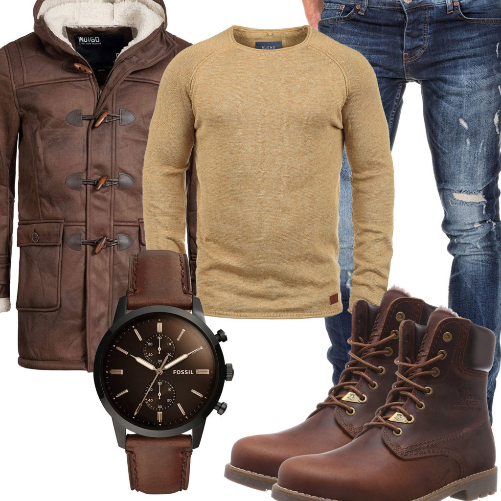 Warmes Winter-Herrenoutfit mit braunem Dufflecoat und Stiefeln