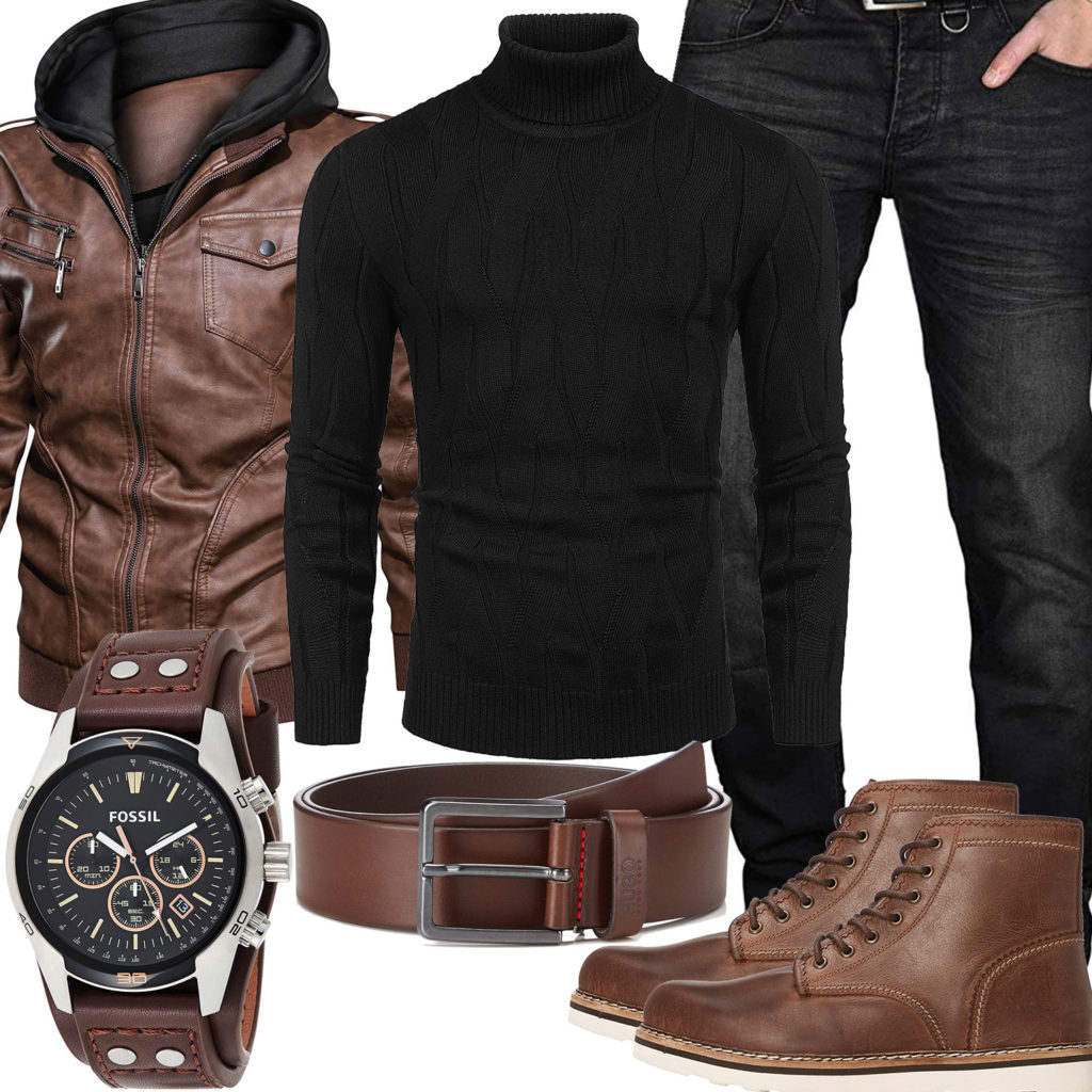 Braun-Schwarzes Herrenoutfit mit Lederjacke, Pullover und Jeans