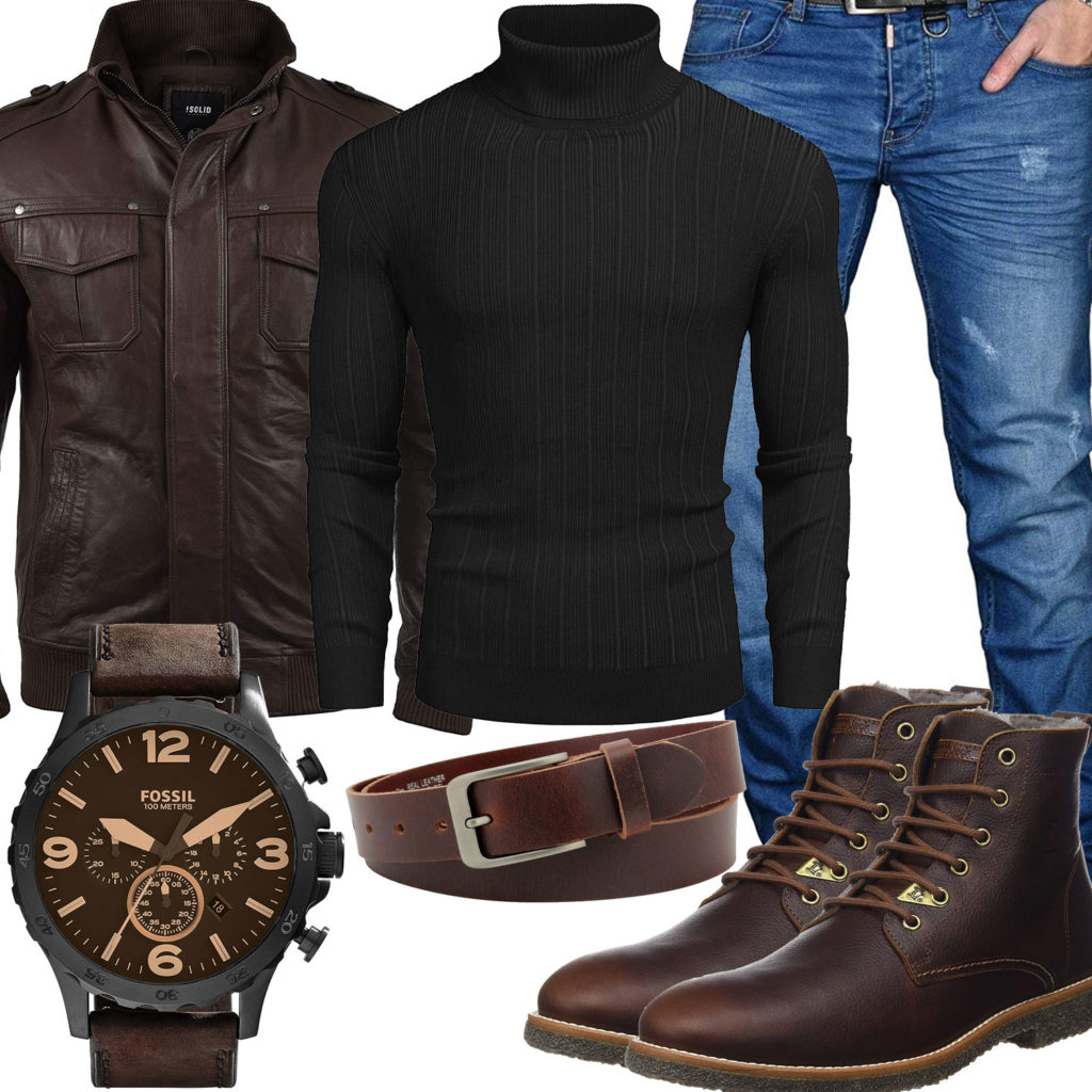 Männer-Style mit brauner Lederjacke, Stiefeln und Gürtel