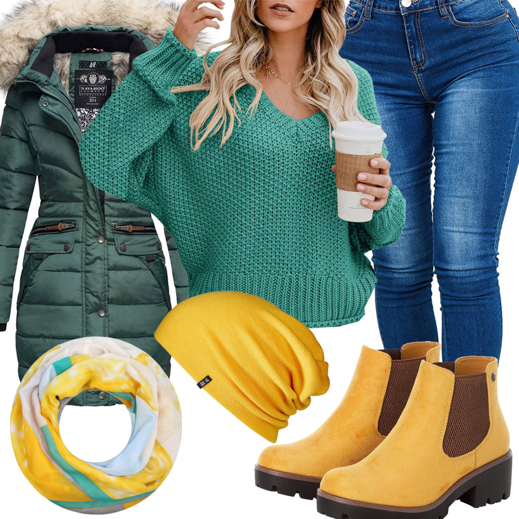 Grün-Gelbes Damenoutfit mit Winterjacke und Pullover