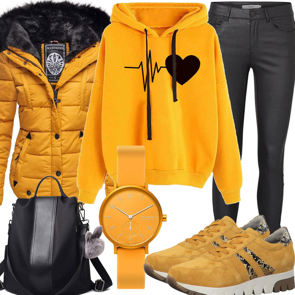 Gelb-Schwarzes Damenoutfit mit Hoodie und Winterjacke