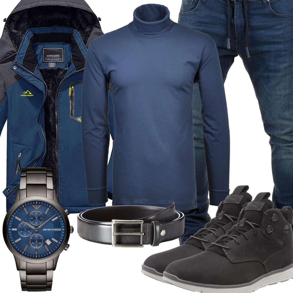 Blau-Graues Herrenoutfit mit Jeans, Pullover und Winterjacke