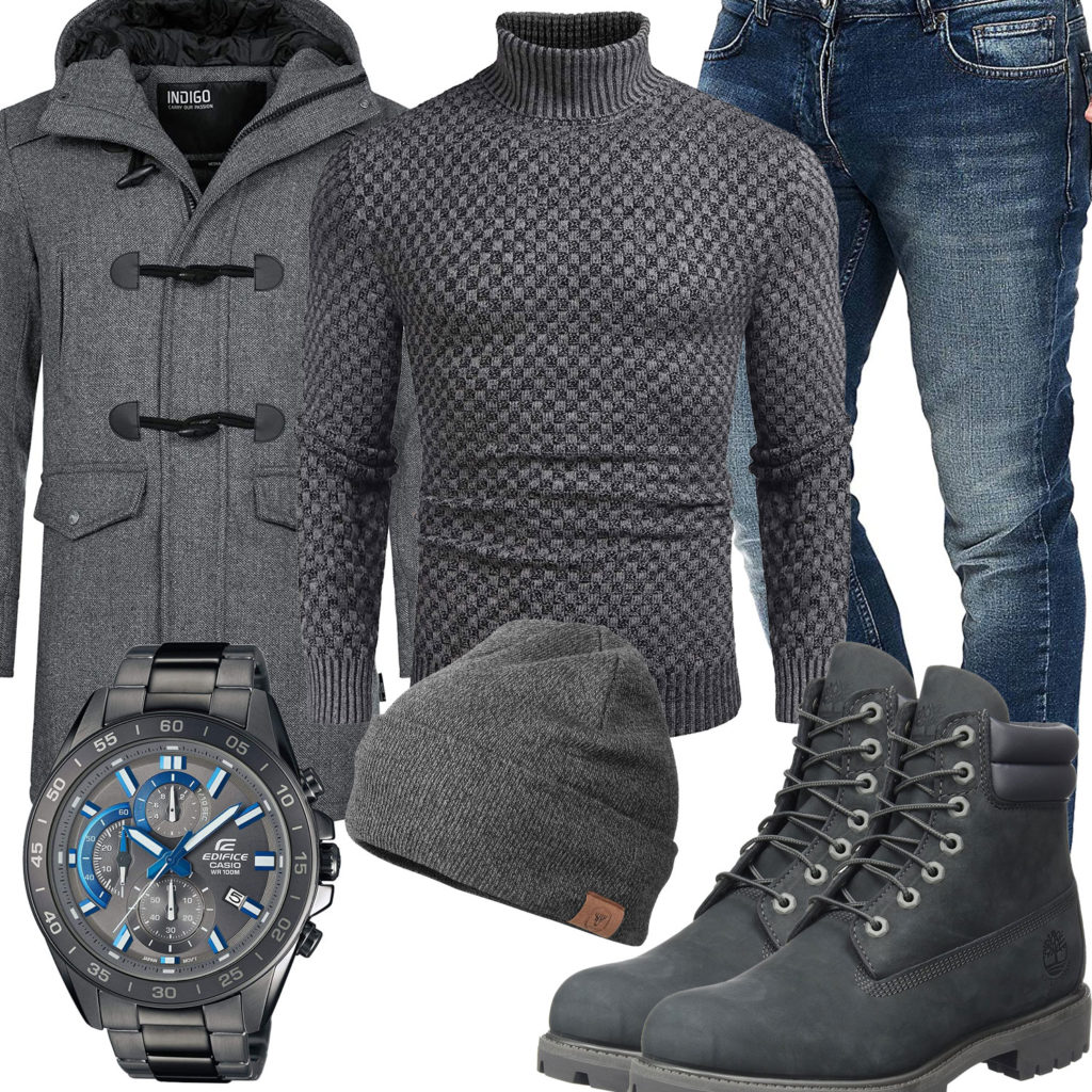 Grau-Blaues Herrenoutfit mit Mantel und Stiefeln