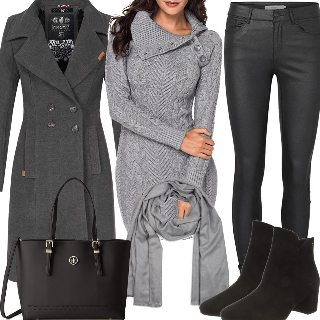 Grau-Schwarzes Damenoutfit mit Mantel und Strickpullover