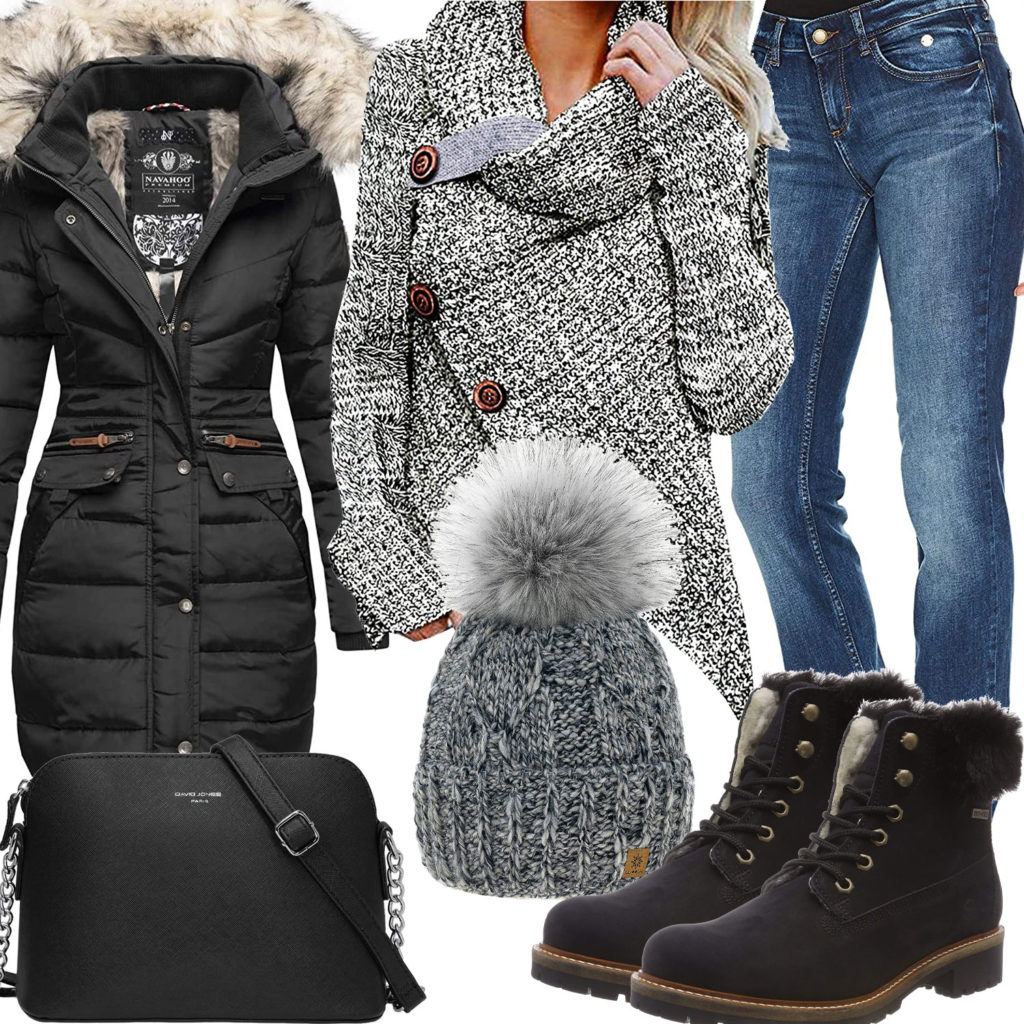 Grau-Schwarzes Frauenoutfit mit Winterjacke und Pullover
