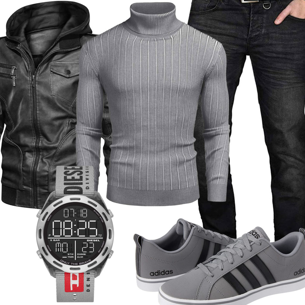 Grau-Schwarzes Herrenoutfit mit Pullover, Lederjacke und Jeans