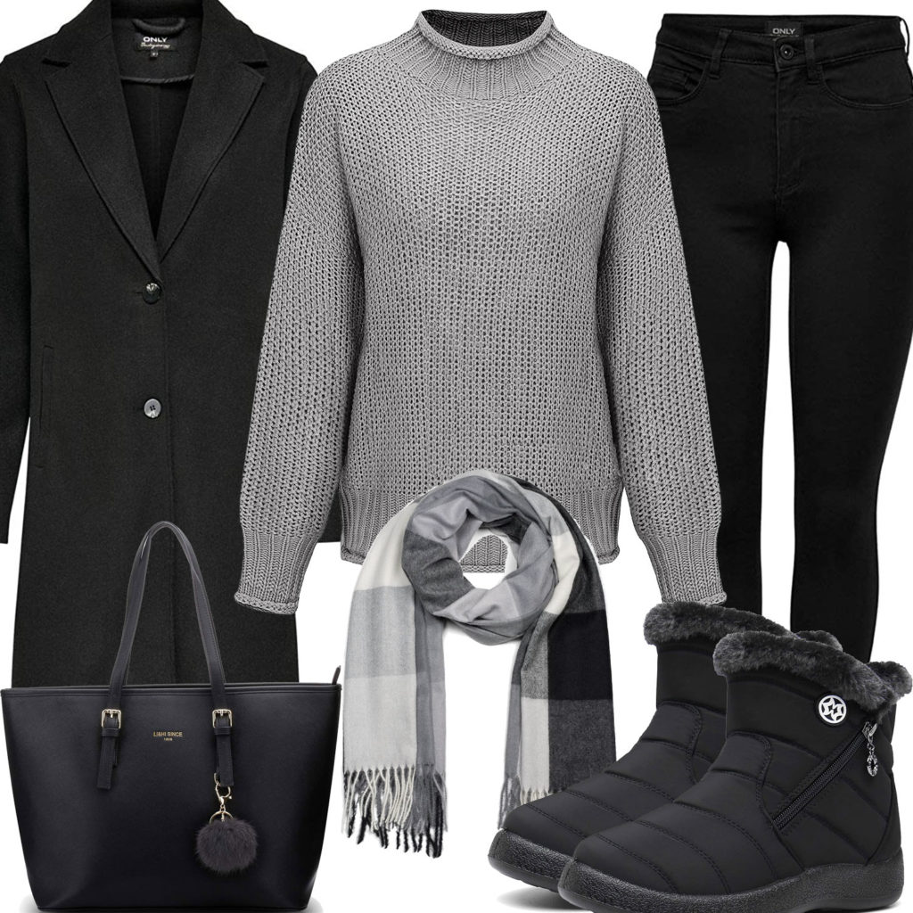 Grau-Schwarzes Frauenoutfit mit Pullover, Schal und Mantel
